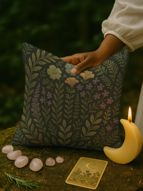 A rectangular 17x18-inch decorative throw pillow featuring a botanical woven tapestry design with embroidered flowers and leaves in green, yellow, and purple tones on a dark green background. The pillow has a double-sided print and is filled with plush poly fill, sewn closed for a soft and cozy finish. Ideal for whimsigoth decor, garden-inspired living spaces, or as a thoughtful embroidered home gift.